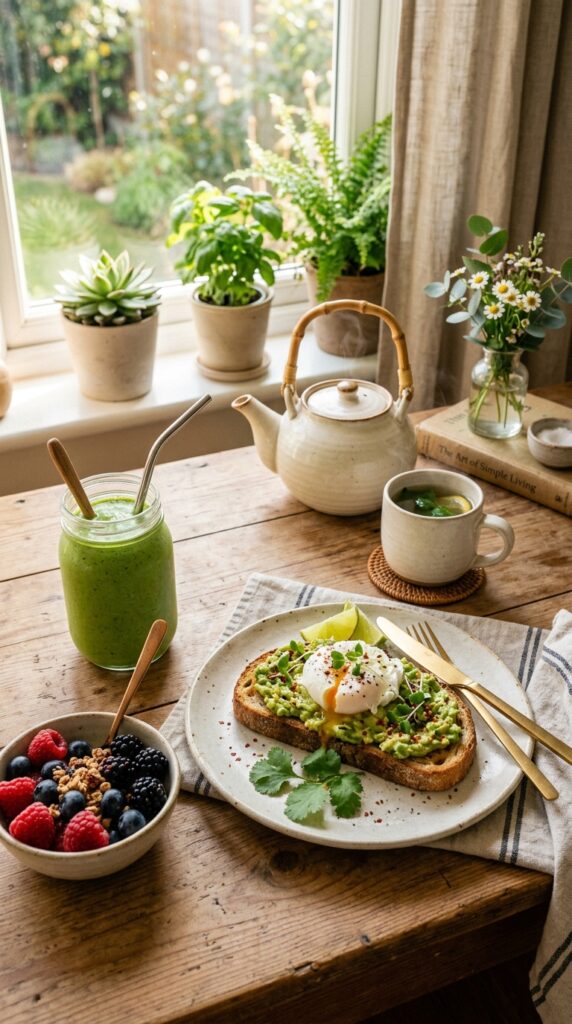 How to Make Healthy Avocado Toast with Nutritious Toppings 6 Healthy breakfast table with avocado toast, green smoothie, fresh berries, and herbal tea in soft morning sunlight.
