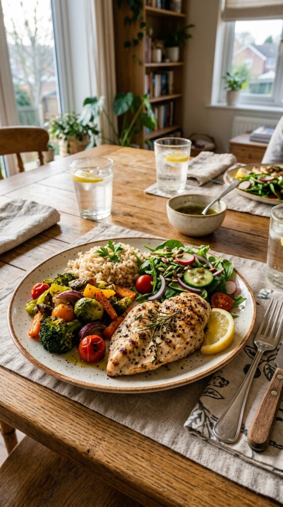 Healthy homemade dinner with grilled chicken, roasted vegetables, brown rice, and fresh salad on a wooden dining table