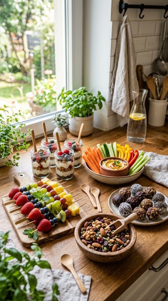 How to Make Healthy Snacks for Kids and Adults 2 Healthy homemade snacks including fruit skewers, yogurt parfaits, veggie sticks, trail mix, and energy bites on a bright kitchen counter.