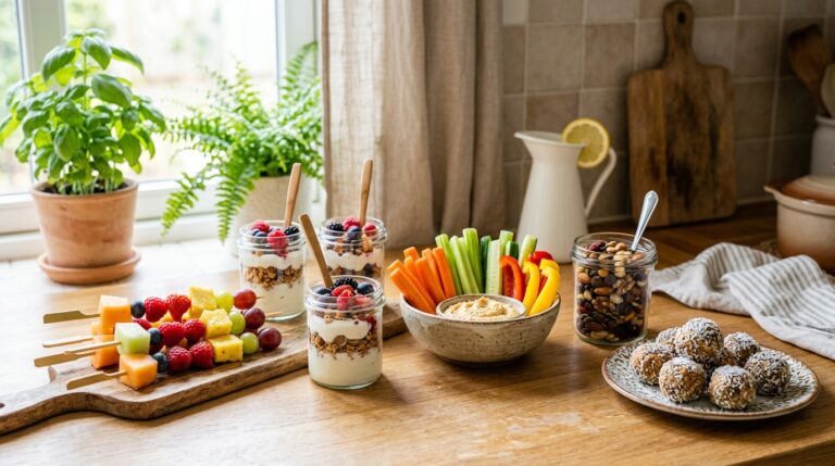 Healthy homemade snacks including fruit skewers, yogurt parfaits, veggie sticks, trail mix, and energy bites on a bright kitchen counter.