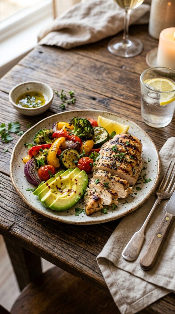 Healthy  Cook Low Carb Meals dinner plate with grilled chicken, roasted vegetables, avocado slices, and fresh herbs on a rustic table