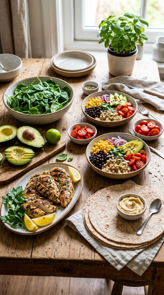 How to Make Healthy Quick Lunch Recipes for Busy Days 3 Fresh healthy lunch ingredients including avocados, grilled chicken, spinach, wraps, cherry tomatoes, and quinoa bowls on a wooden table