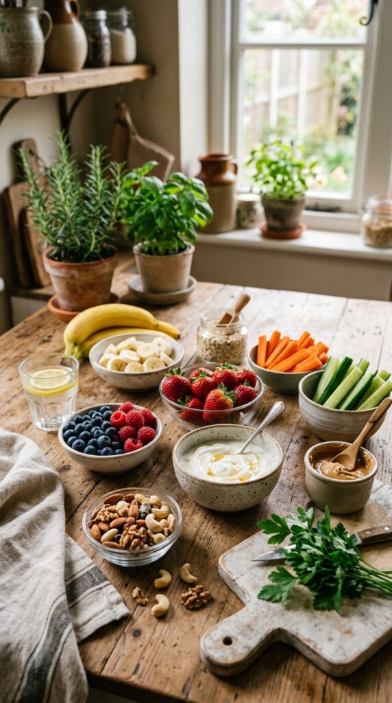 How to Make Healthy Snacks for Kids and Adults 3 Fresh healthy snack ingredients like berries, nuts, yogurt, oats, and veggies arranged on a wooden table.