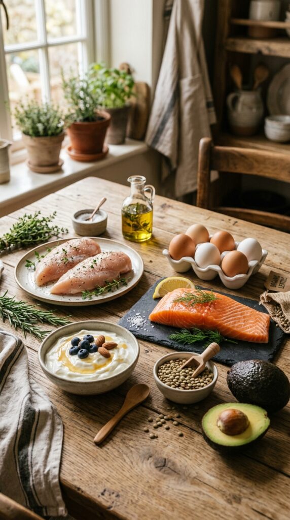 Fresh high-protein ingredients including chicken breast, salmon, eggs, Greek yogurt, lentils, and avocado on a wooden kitchen table