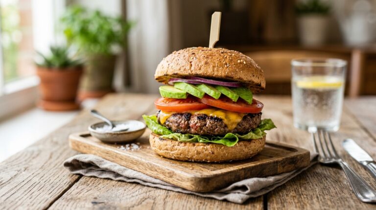 Juicy lean beef burger on a whole wheat bun with lettuce, tomato, red onion, and avocado slices on a rustic wooden table.