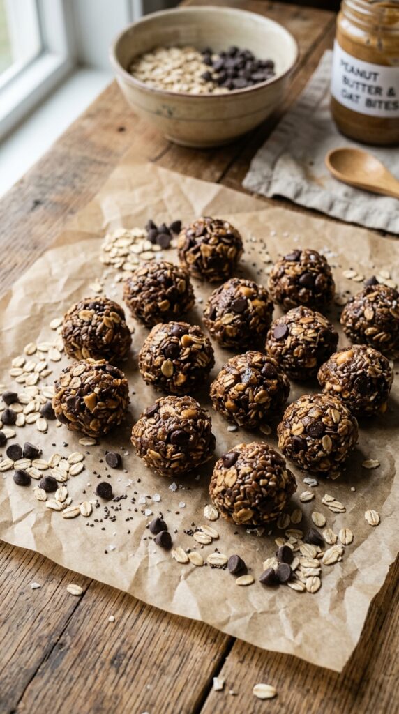 How to Make Healthy Snacks for Kids and Adults 4 Homemade peanut butter oat energy bites with oats and dark chocolate chips on parchment paper.