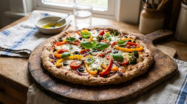 A rustic Healthy Homemade Pizza on a wooden pizza board with colorful vegetable toppings, melted cheese,