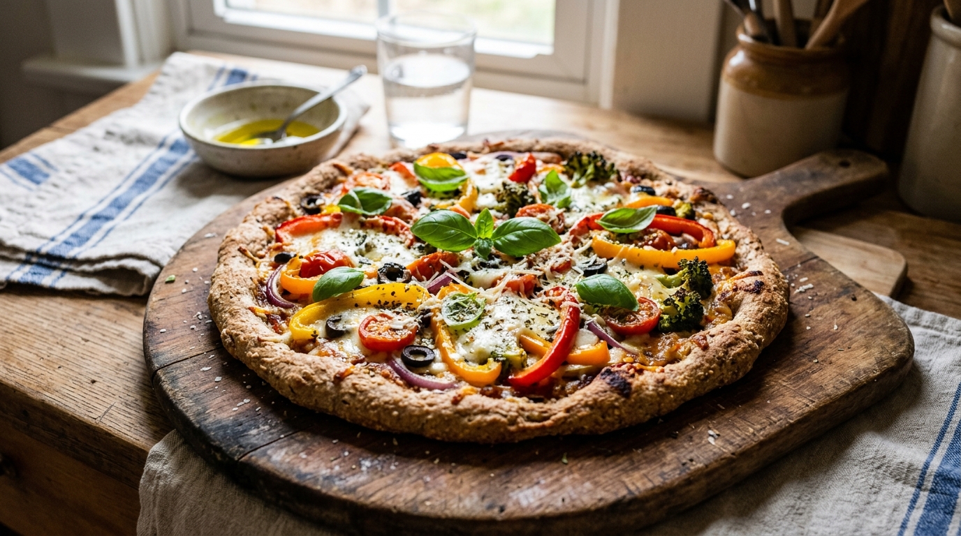 A rustic Healthy Homemade Pizza on a wooden pizza board with colorful vegetable toppings, melted cheese,