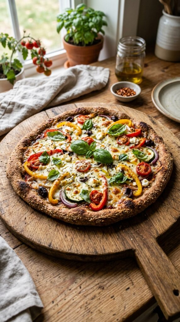 How to Make Healthy Homemade Pizza with Whole Wheat Crust 2 A rustic homemade whole wheat pizza on a wooden pizza board with colorful vegetable toppings,