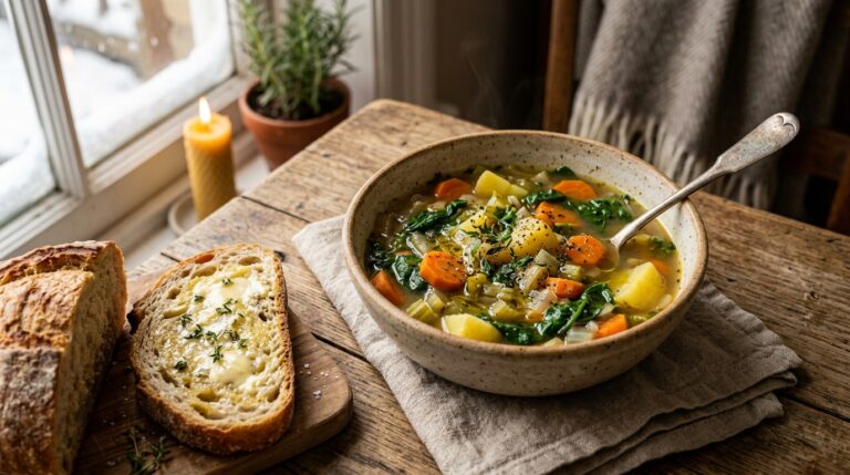 Homemade vegetable soup with warm bread on a rustic wooden table.