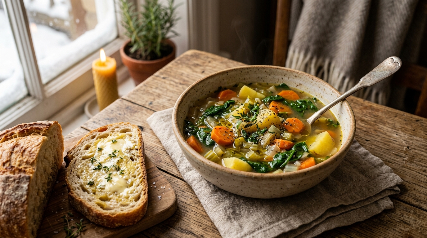 Homemade vegetable soup with warm bread on a rustic wooden table.