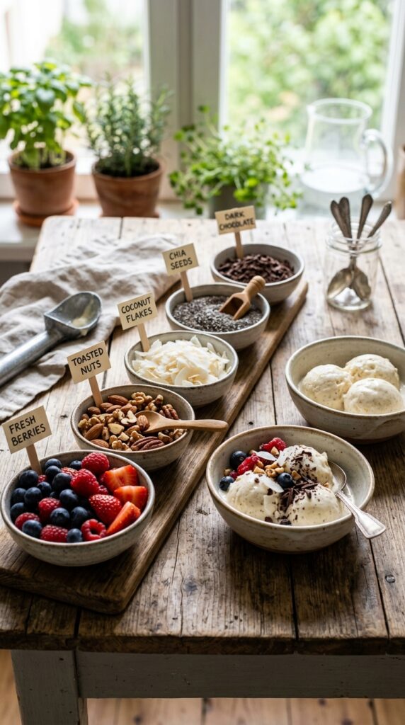 Healthy ice cream topping station with berries, nuts, coconut flakes, chia seeds, and homemade vanilla banana ice cream.
