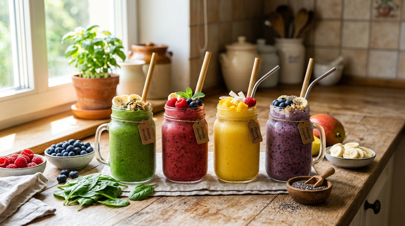 Colorful healthy smoothies in glass jars on a wooden kitchen counter surrounded by fresh berries, bananas, spinach, and chia seeds