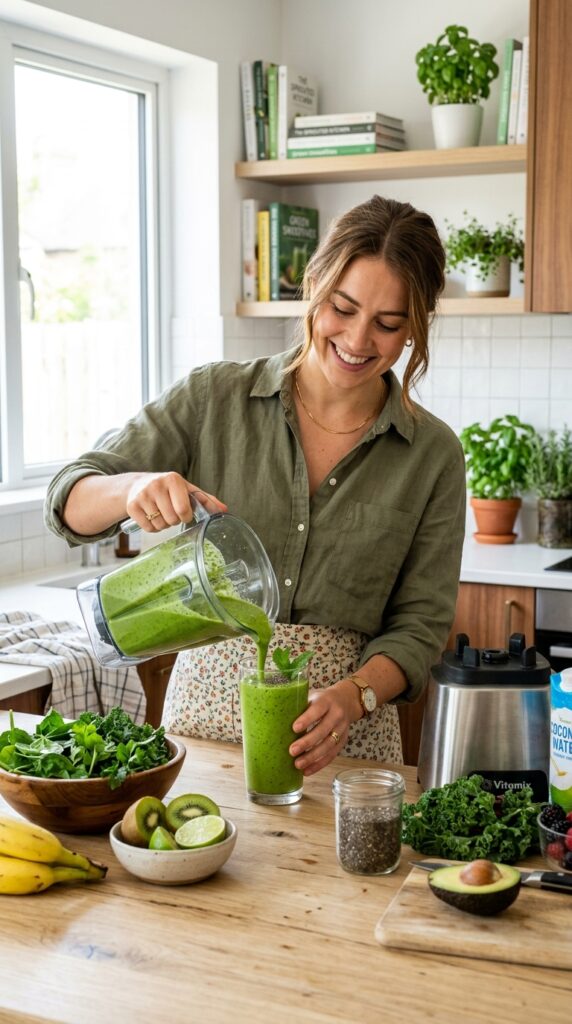 Woman pouring a fresh green smoothie into a clear glass in a bright modern kitchen with healthy ingredients nearby.