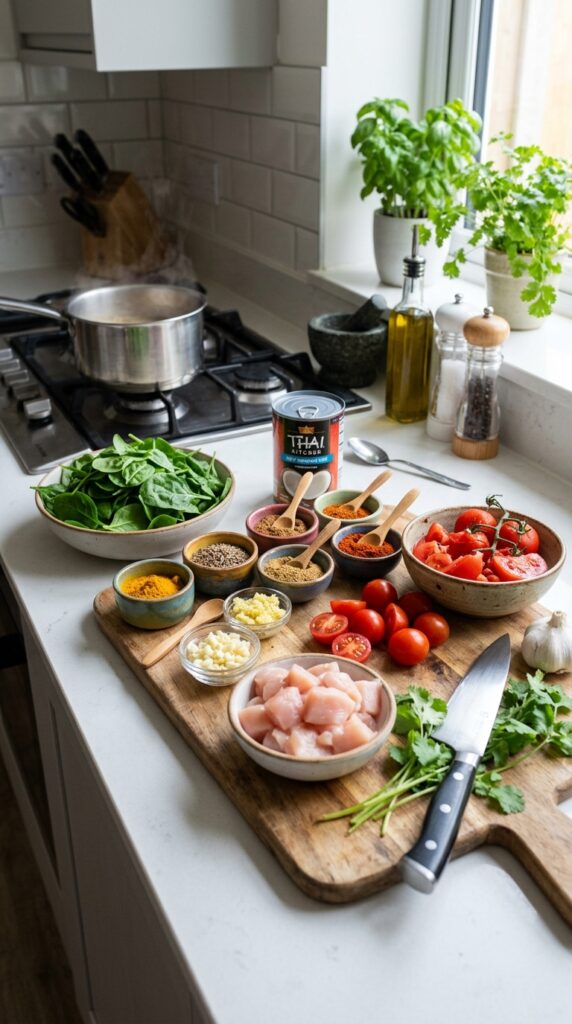 Fresh healthy chicken curry ingredients arranged on a modern kitchen counter.