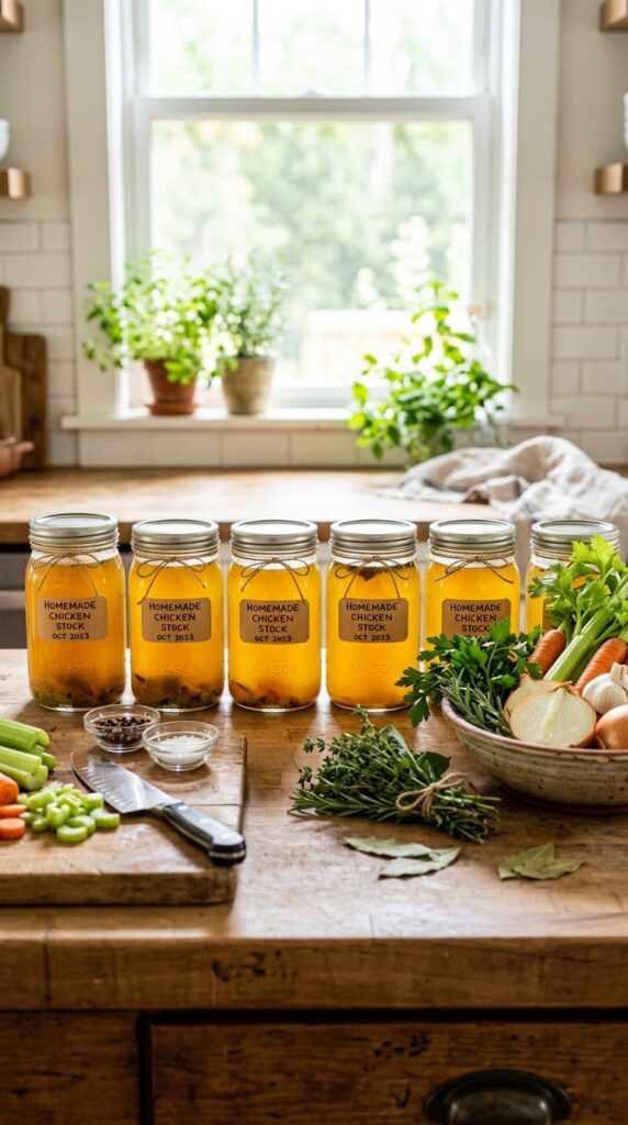  healthy homemade soup stock  Glass jars filled with golden homemade soup stock lined up on a kitchen counter beside fresh herbs and vegetables,