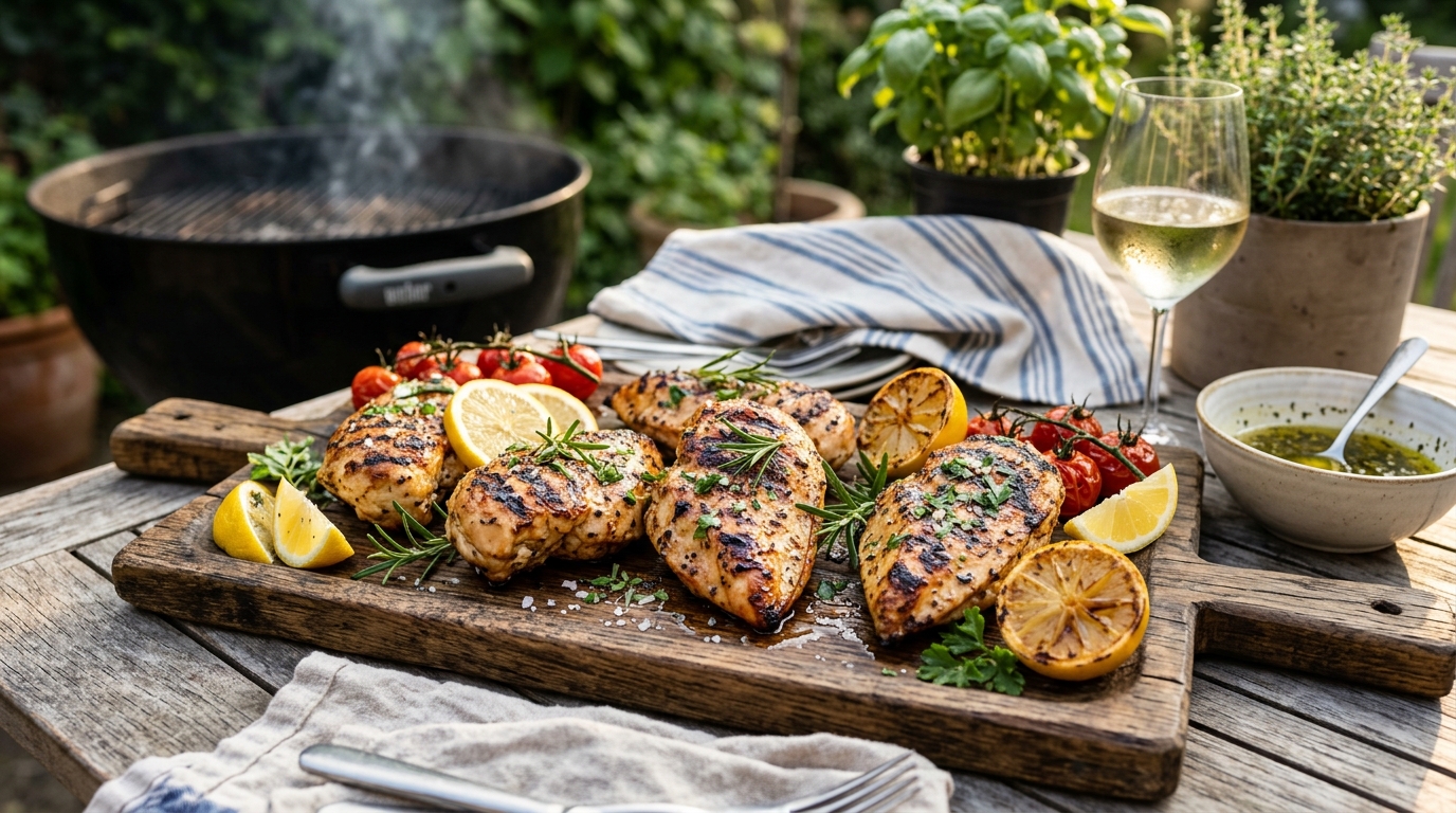 Juicy grilled chicken breasts with fresh herbs and lemon slices served on a rustic wooden platter outdoors.