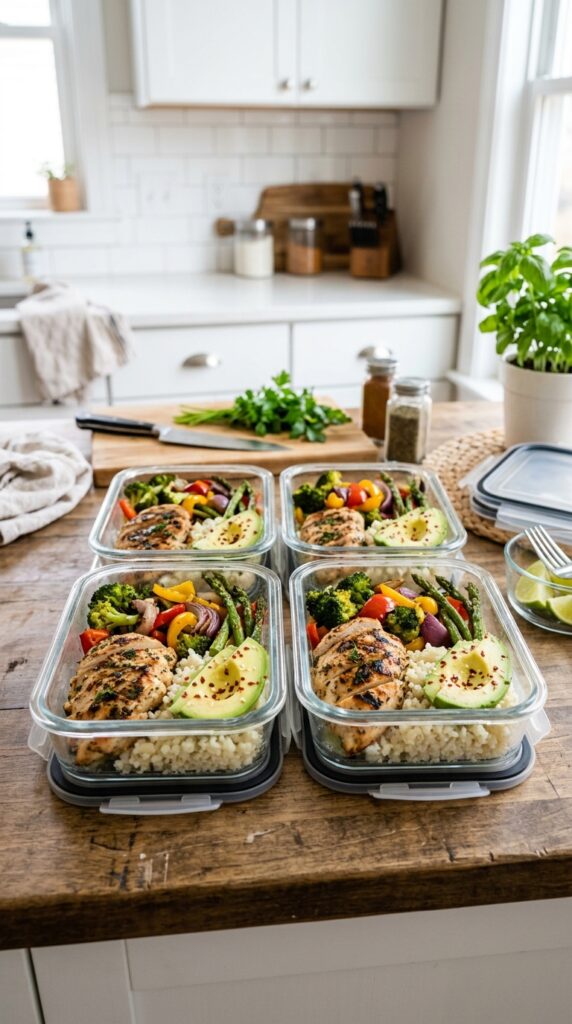 How to Make Healthy Keto Dinner Recipes for Fast Fat Loss 6 Fresh keto ingredients including salmon, avocado, broccoli, eggs, and cauliflower rice on a kitchen counter.