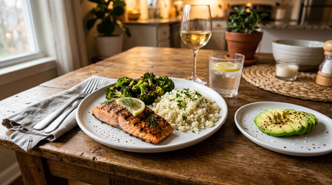 Healthy keto dinner with grilled salmon, broccoli, cauliflower rice, and avocado on white plates.
