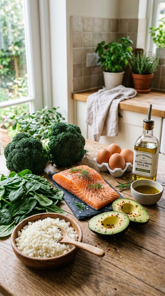 How to Make Healthy Keto Dinner Recipes for Fast Fat Loss 3 Fresh keto ingredients including salmon, avocado, broccoli, eggs, and cauliflower rice on a kitchen counter.