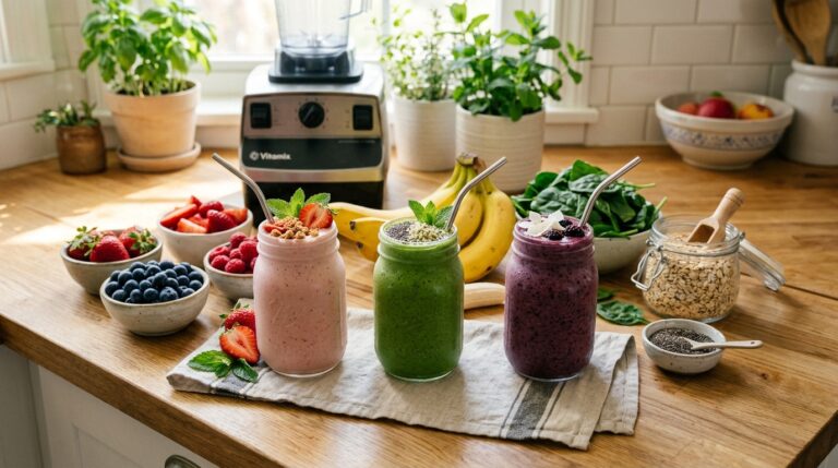 Colorful breakfast smoothies with bananas, berries, spinach, oats, and chia seeds arranged on a bright kitchen counter in morning sunlight.