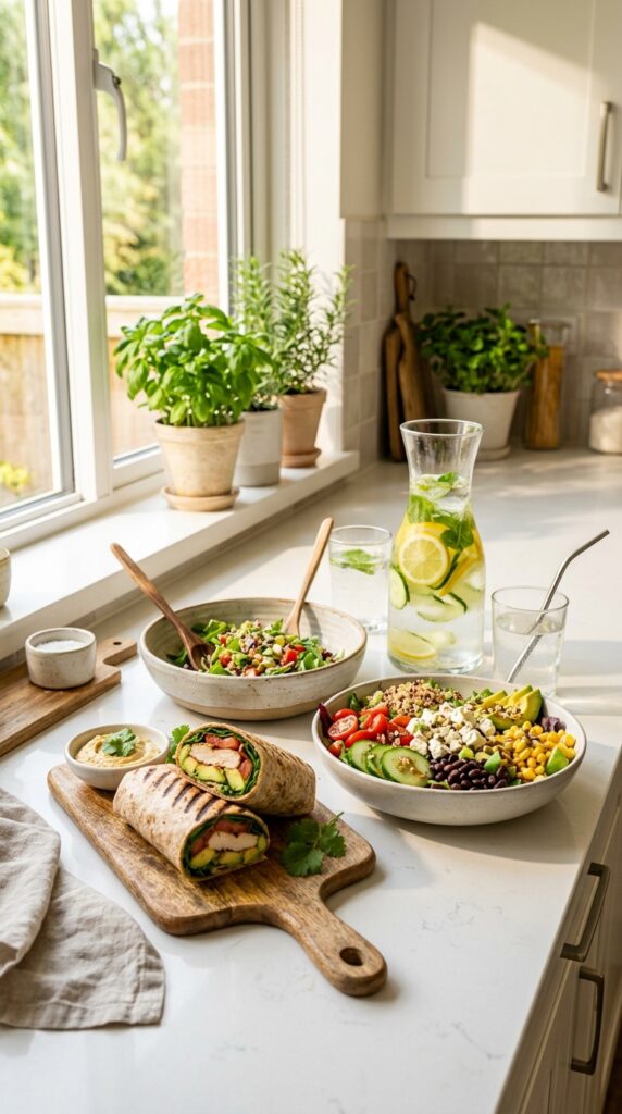 How to Make Healthy Quick Lunch Recipes for Busy Days 2 Healthy Quick Lunch Recipes with grilled chicken wraps, salad bowls, and fruit-infused water on a bright kitchen counter