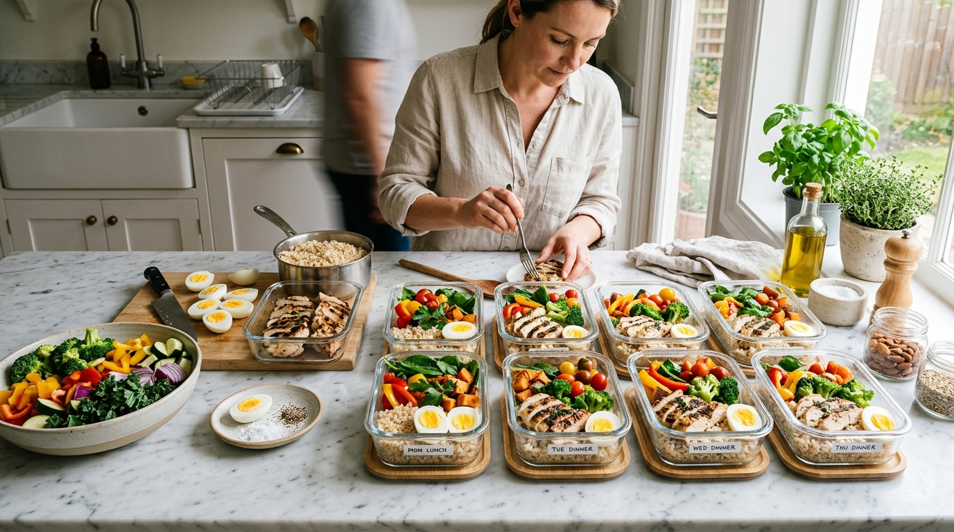 Protein-packed meal prep containers with grilled chicken, boiled eggs, brown rice, and fresh vegetables on a marble countertop