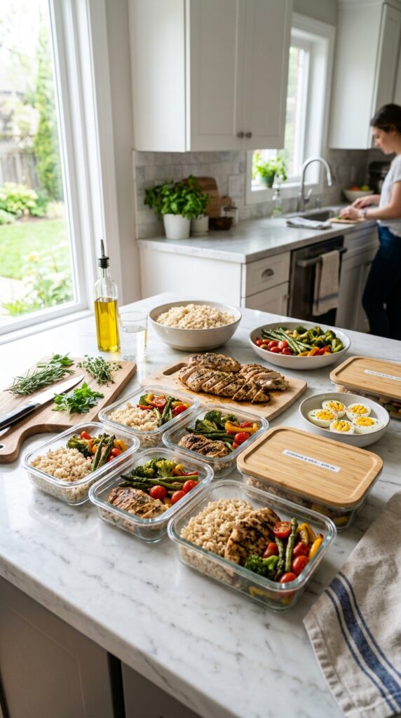 Protein-packed meal prep containers with grilled chicken, boiled eggs, brown rice, and fresh vegetables on a marble countertop