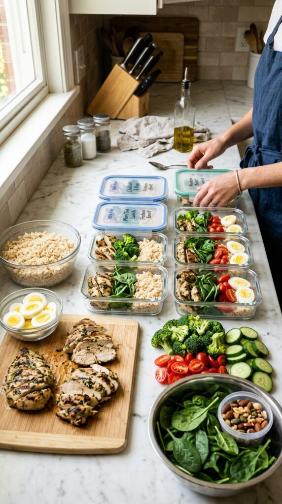 Healthy meal prep with grilled chicken, boiled eggs, rice, and fresh vegetables.