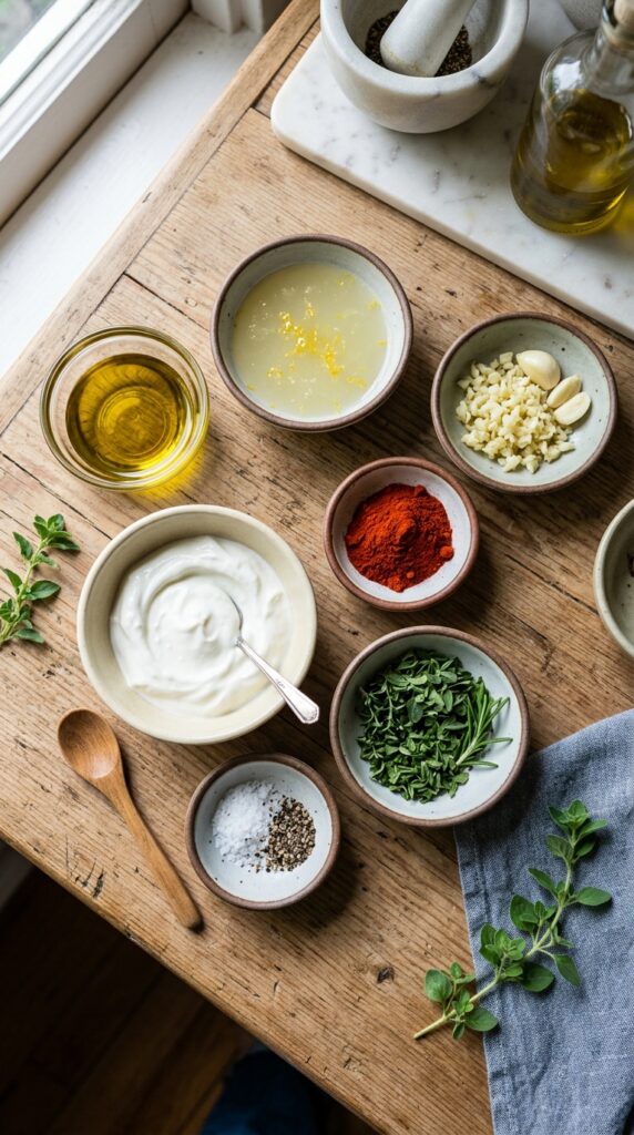 Fresh healthy marinade ingredients including olive oil, lemon juice, garlic, paprika.