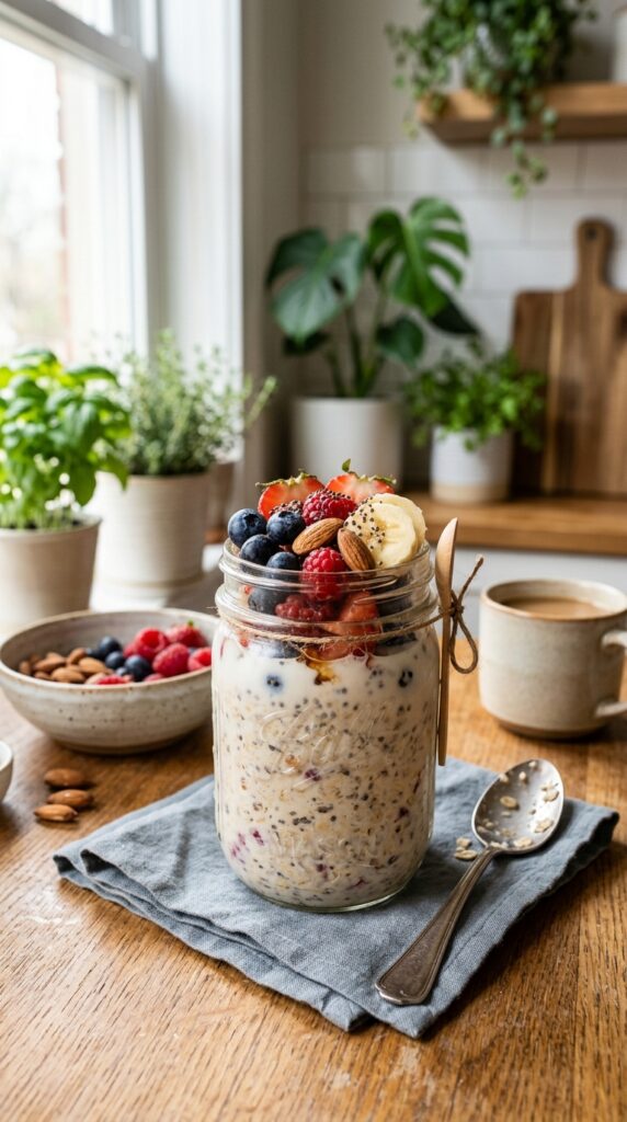 [Image Prompt] A close-up of chocolate overnight oats topped with banana slices, cacao nibs, peanut butter drizzle, and chopped nuts in a stylish mason jar, Pinterest-style realistic photography.