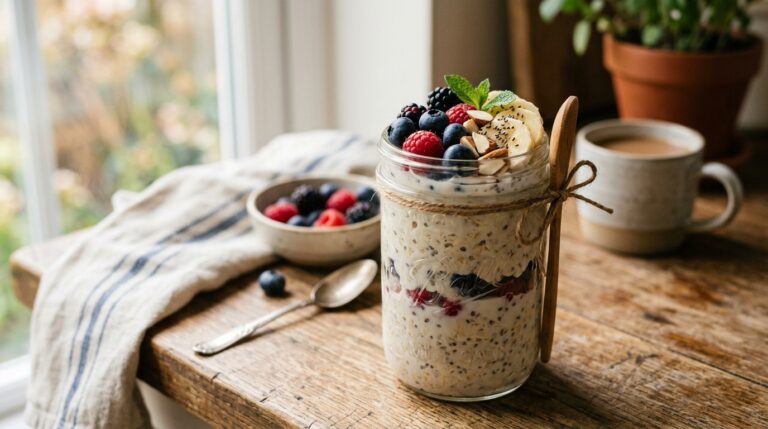 [Image Prompt] A close-up of chocolate overnight oats topped with banana slices, cacao nibs, peanut butter drizzle, and chopped nuts in a stylish mason jar, Pinterest-style realistic photography.