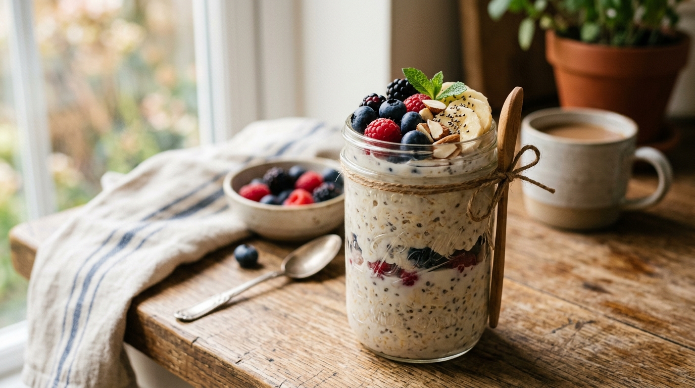 [Image Prompt] A close-up of chocolate overnight oats topped with banana slices, cacao nibs, peanut butter drizzle, and chopped nuts in a stylish mason jar, Pinterest-style realistic photography.