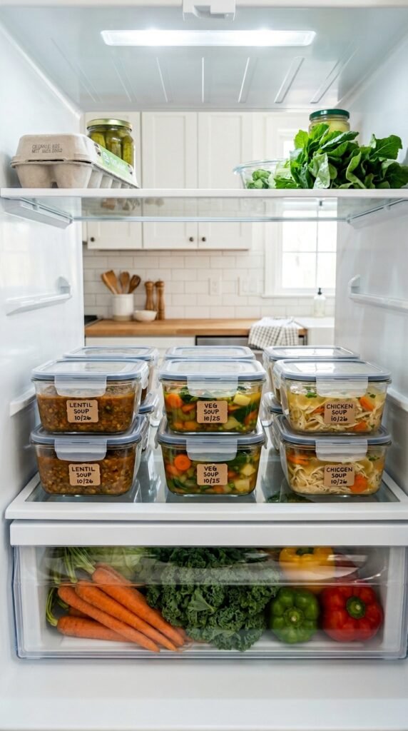 [Image Prompt] Several glass meal prep containers filled with healthy soups including lentil soup, vegetable soup, and chicken soup arranged neatly in a refrigerator, clean modern kitchen, Pinterest style.