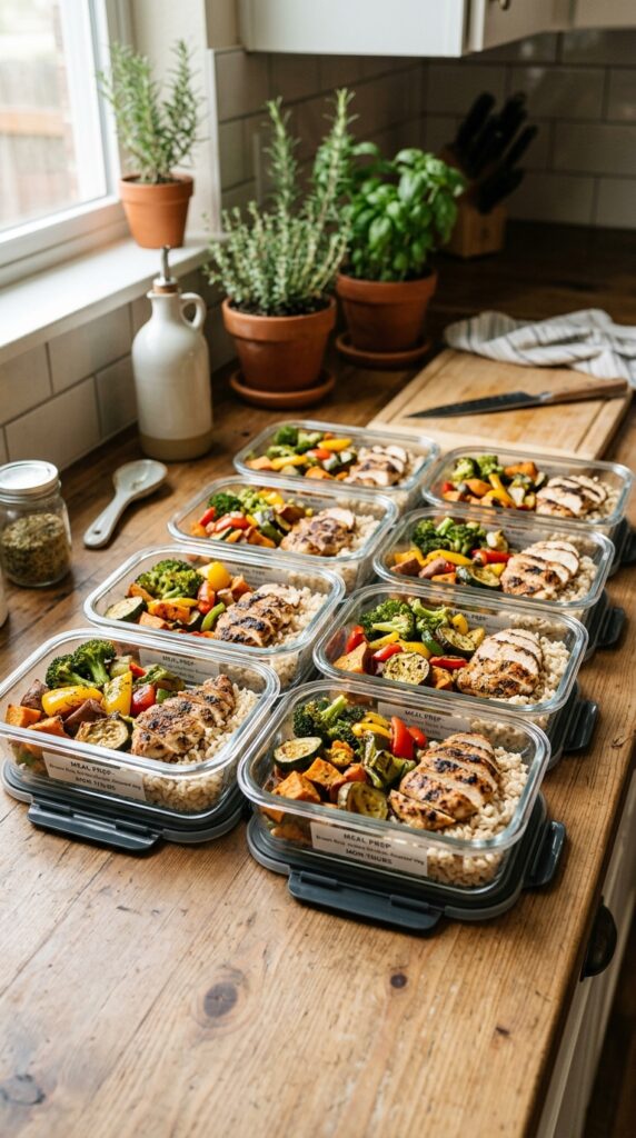 Meal prep containers filled with brown rice, roasted vegetables, and grilled chicken arranged neatly on a kitchen counter in realistic Pinterest-style photography