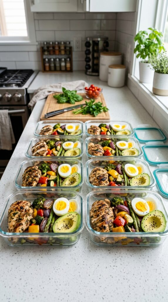 Low carb meal prep containers with grilled chicken, roasted vegetables, avocado, and boiled eggs on a kitchen counter