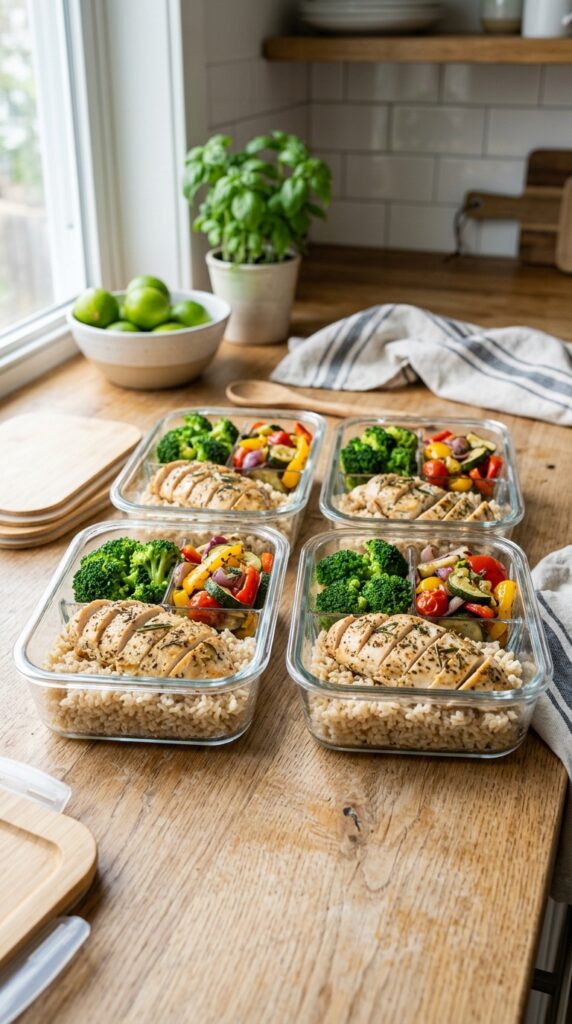 How to Bake Healthy Chicken Breast That's Never Dry 6 Healthy meal prep containers with baked chicken breast, brown rice, broccoli, and colorful vegetables neatly arranged.