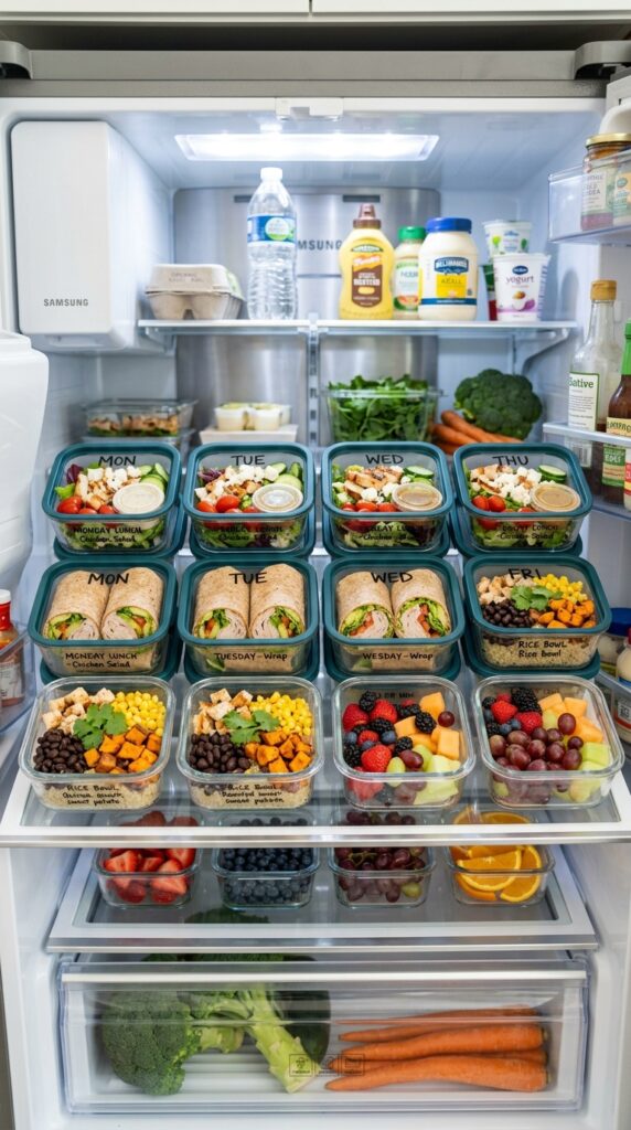 How to Make Healthy Quick Lunch Recipes for Busy Days 6 Healthy lunch meal prep containers with wraps, salads, rice bowls, and fresh fruit organized inside a refrigerator