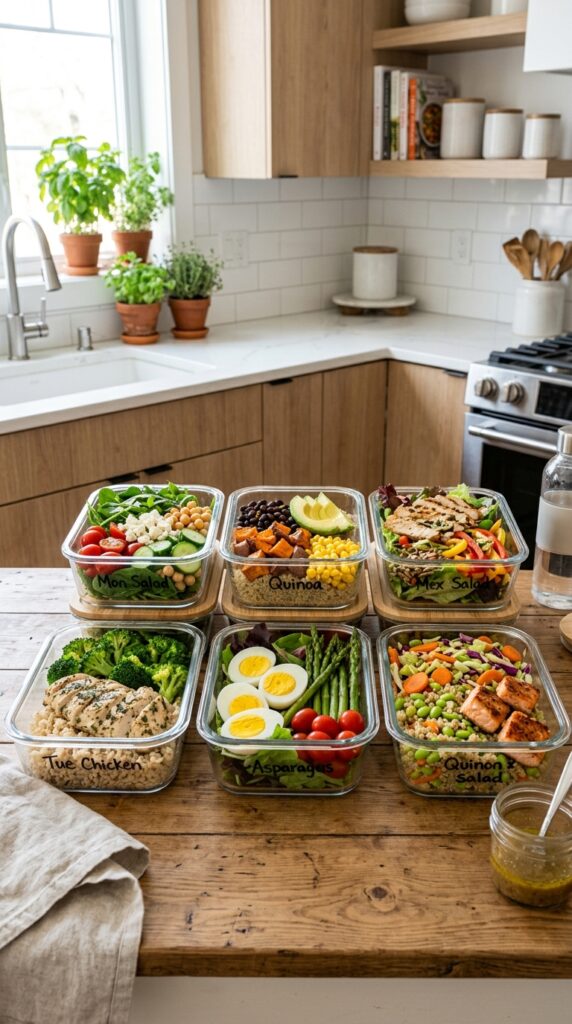 How to Make Weight Loss Salads That Fill You Up 5 Meal prep containers filled with healthy salads, chicken, eggs, and fresh vegetables.