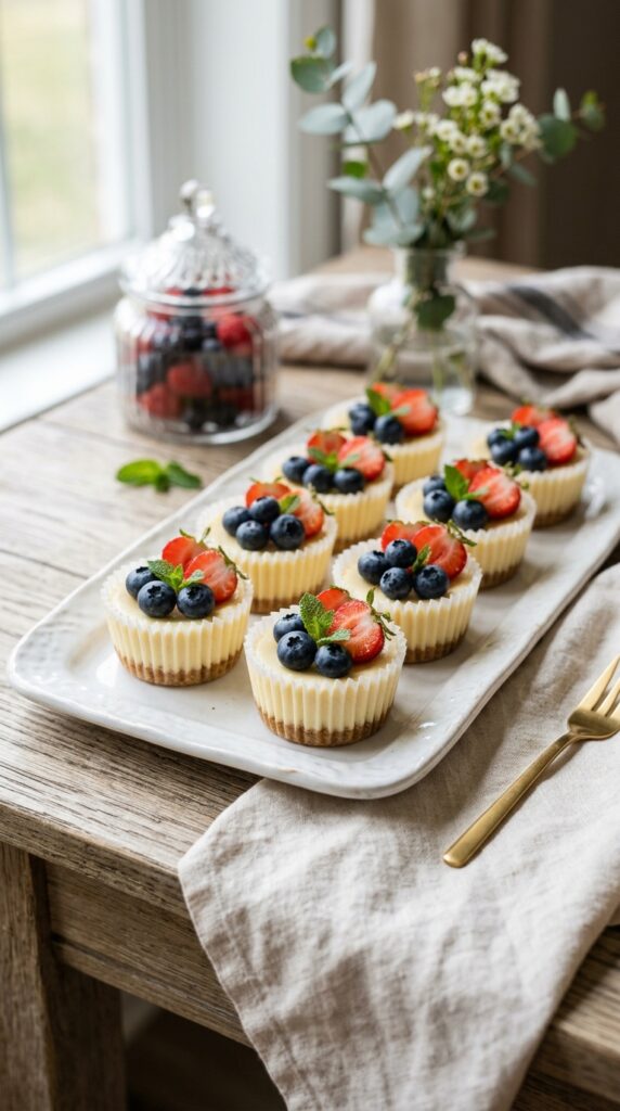 Mini sugar free cheesecake cups topped with blueberries and strawberries on a white serving tray.
