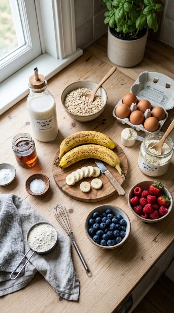 How to Make Fluffy Healthy Protein Pancakes at Home 3 Healthy pancake ingredients including oats, bananas, eggs, protein powder, berries, and milk arranged neatly on a bright kitchen counter in natural light.