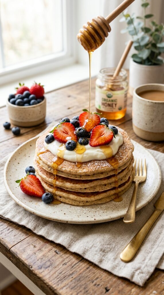How to Make Fluffy Healthy Protein Pancakes at Home 5 Protein pancakes topped with strawberries, blueberries, Greek yogurt, and honey in bright natural light.