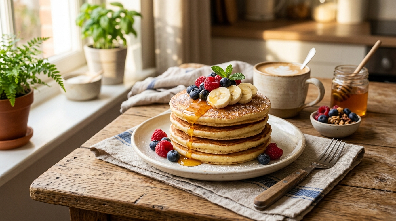Fluffy protein pancakes topped with fresh berries, banana slices, and honey served on a rustic breakfast table in warm morning sunlight.