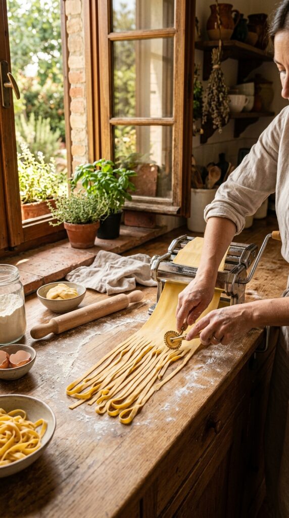 How to Make Healthy Fresh Homemade Pasta from Scratch 5 Fresh homemade pasta sheets rolled and cut into ribbons on a rustic sunlit kitchen counter.