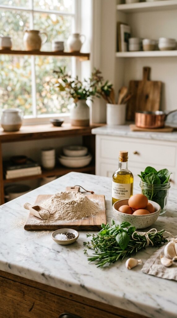 How to Make Healthy Fresh Homemade Pasta from Scratch 3 Healthy homemade pasta ingredients with whole wheat flour, eggs, spinach, herbs, and olive oil on a marble countertop.
