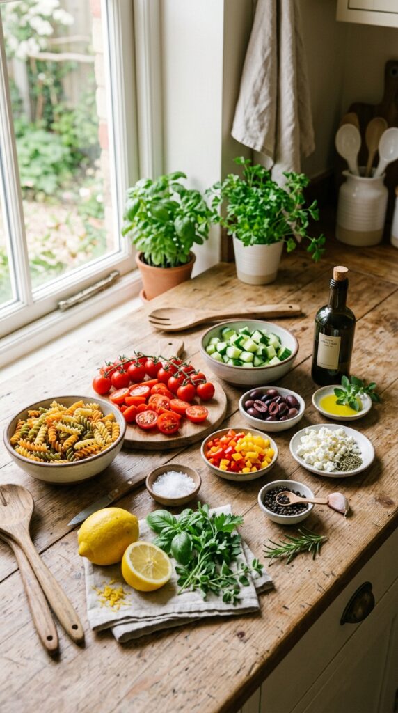 Fresh pasta salad ingredients arranged neatly on a bright kitchen counter.