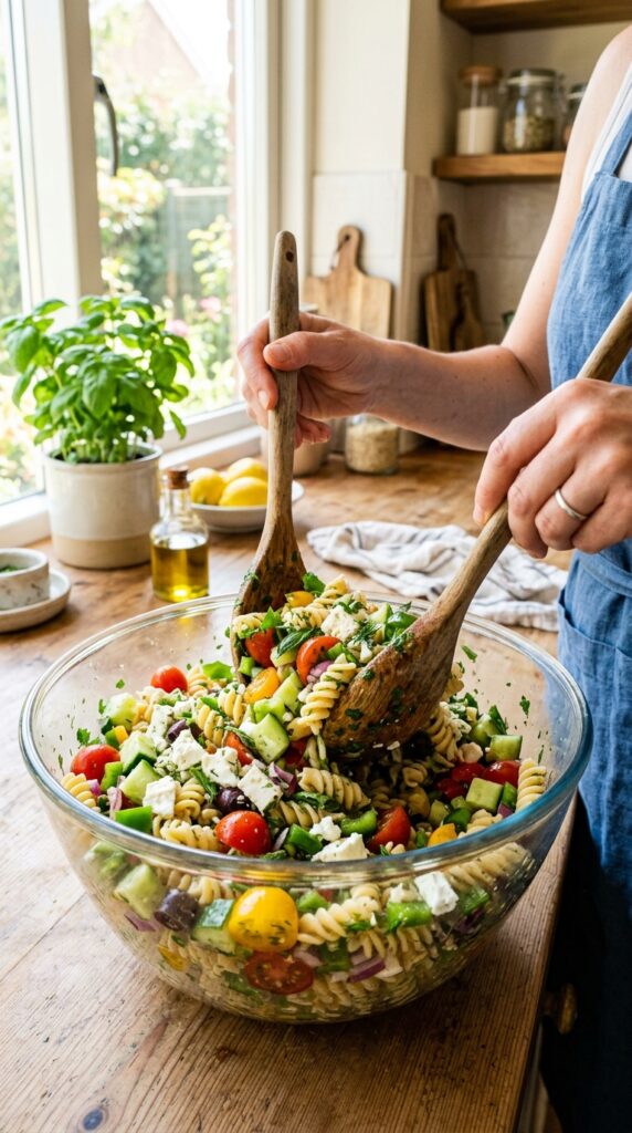 Chopped vegetables and cooked pasta prepared for fresh pasta salad.