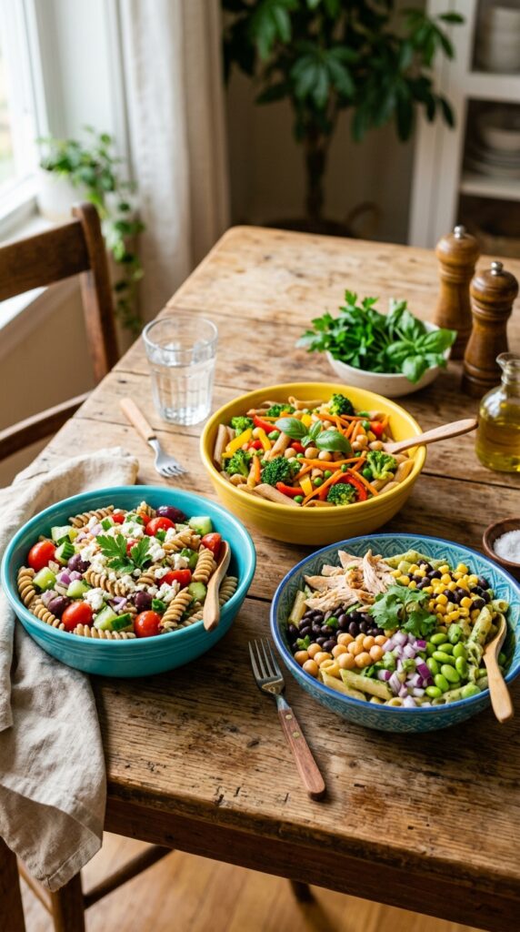Fresh pasta salad being tossed with colorful vegetables and feta cheese