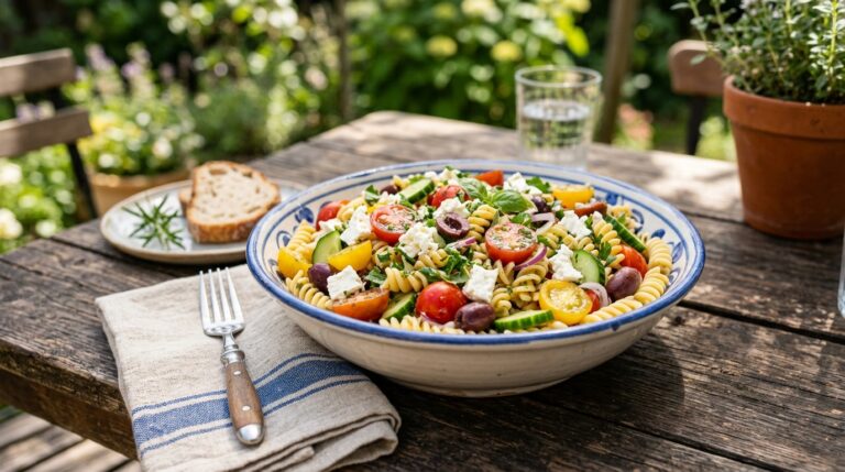 Fresh pasta salad with tomatoes, cucumbers, olives, and feta on a rustic table.