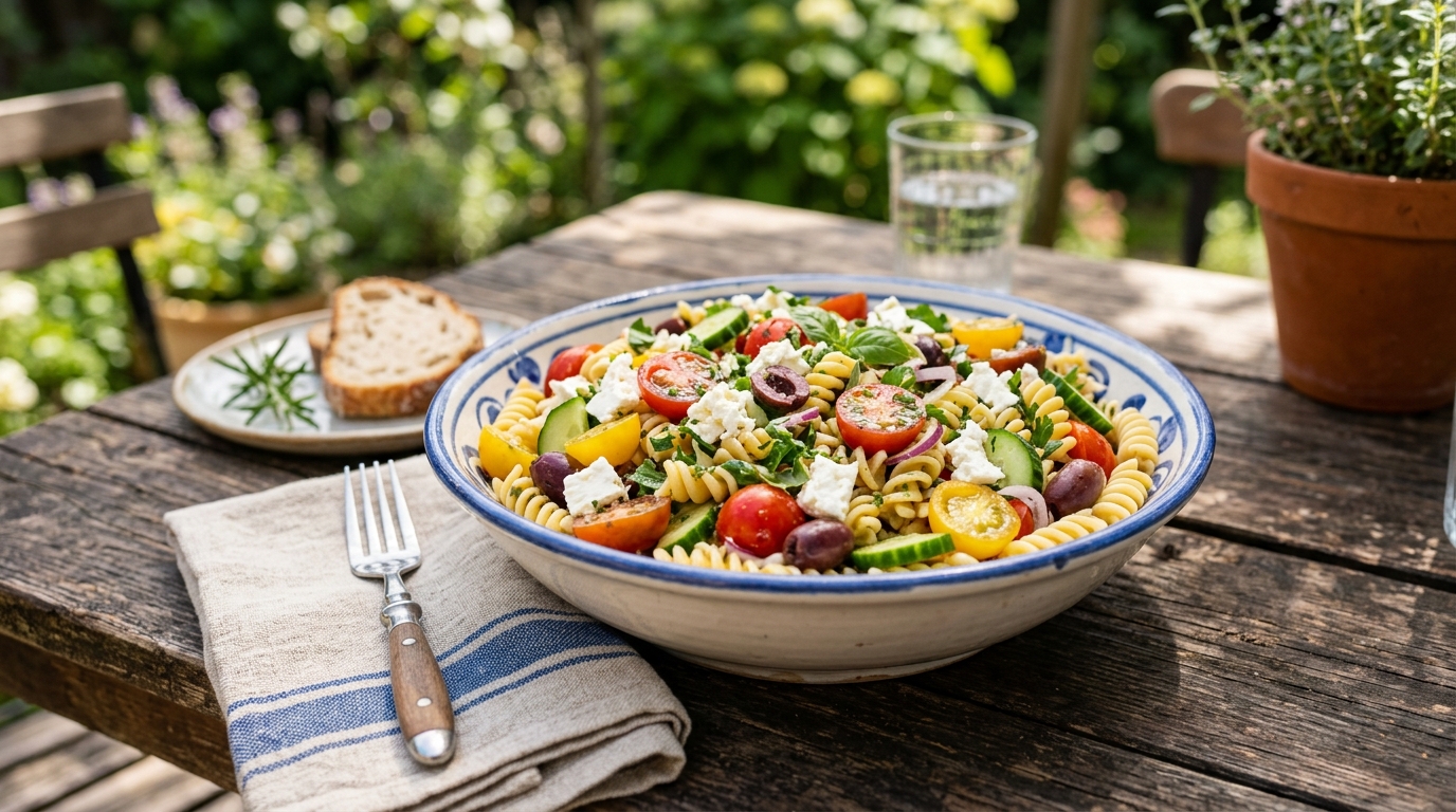 Fresh pasta salad with tomatoes, cucumbers, olives, and feta on a rustic table.